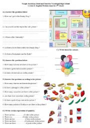 English Worksheet: giving directions,telling the time and date,how many-how much