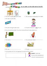 English Worksheet: place prepositions: on, under, in, on the right / left