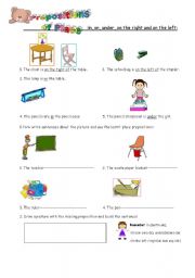 English worksheet: place prepositions: on, under, in, on the right / left