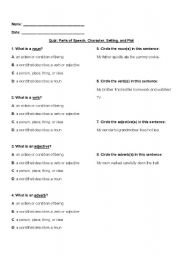 English Worksheet: Quiz: Parts of Speech, Character, Setting, Plot