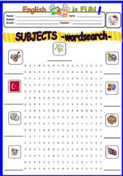 English Worksheet: School Subjects wordsearch puzzle