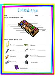 English worksheet: Colors and a/an