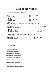 English worksheet: Days of the week in poem