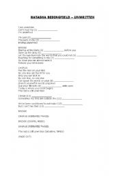 English Worksheet: Natasha Bedingfield: Unwritten (lyrics with missing words to complete)