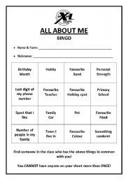 English worksheet: About Me Bingo