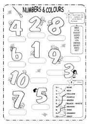 English Worksheet: NUMBERS (1-10)  & COLOURS  - B&W