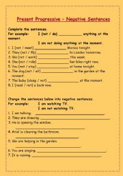 English Worksheet: Present Progressive - Negative Sentences