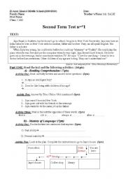 English worksheet: Second term, test n=1 (Level 2 - Middle School)