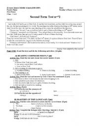 English Worksheet: Second Term, test n=2 (Level 3 - Middle School)