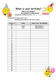 English Worksheet: Oral activity - when is your birthday?
