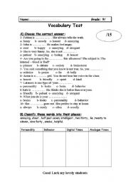 English worksheet: vocabulary test