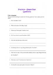 English worksheet: Practice  Simple Past - Questions