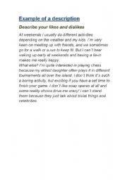 English Worksheet: Example of a description: Describe your likes and dislikes