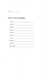 English worksheet: Numbers 11-20