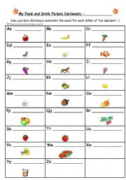 English Worksheet: Fill in the Word Picture Dictionary  (Food and Drink)