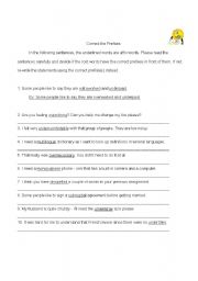 English worksheet: correct the prefix