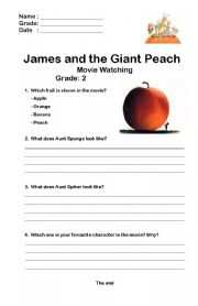 English worksheet: James and the Giant Peach movie watching 