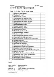 English Worksheet: Stand By Me - Quick Quiz