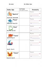 English Worksheet: Zodiac signs and adjectives 