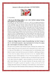 English Worksheet: Answer paper on the test Advertising (kelloggs campaign)