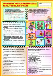 English Worksheet: Possessive Pronouns (Singular) - Mine, yours, his and hers