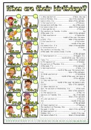 English Worksheet: Ordinal numbers  - When are their birthdays (BW+key)