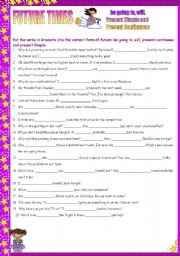 English Worksheet: Future times: be going to, will, present simple and present continuous