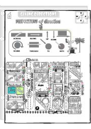 English Worksheet: GIVING DIRECTIONS, B&W version.  Prepositions of directions. (go along, past, across, through, into.....) Editable +key