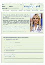 7th Grade Test - Free Time Activities - Britney Spears