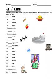 English Worksheet: a/an worksheet - indefinite articles