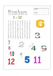 English Worksheet: Numbers 1-12 - word search