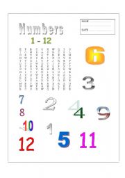 English worksheet: Numbers 1-12 - word search