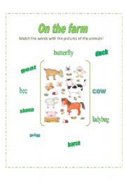 English worksheet: Farm animals and three pretty insects!!