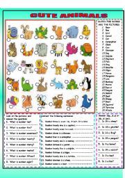 English Worksheet: CUTE ANIMALS WITH KEY-black and white version included