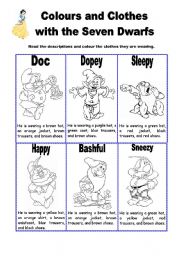 English Worksheet: Colours and Clothes with the Seven Dwarfs - 2 pages