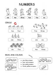 English Worksheet: NUMBERS from 1 to 6 + classroom objects