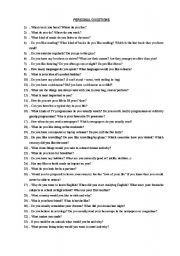 English Worksheet: Personal questions
