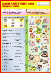 English Worksheet: Each and Every with singular verbs + KEY