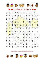 English Worksheet: I Love My Family Series - Easy Family Word Search (+Key)