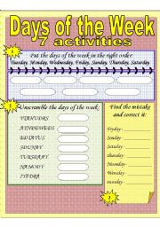 English Worksheet: Days of the Week - 7 DIFFERENT ACTIVITIES