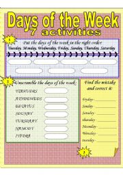 English Worksheet: Days of the Week - 7 DIFFERENT ACTIVITIES