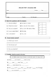 English Worksheet: 5th grade english test - To be, cardinal numbers, greetings