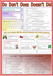 English Worksheet: Auxiliary Verb Do / dont / Does / Doesnt / Didnt   (B/W - Keys included)