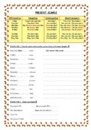 English Worksheet: Present Simple - all types of sentences
