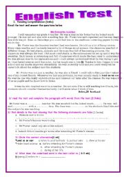 English Worksheet: english test for 9 grade