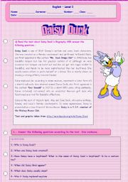English Worksheet: READING COMPREHENSION ABOUT DAISY DUCK