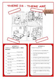 English Worksheet: THERE IS - THERE ARE  - B&W