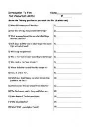 The Princess Bride movie worksheet