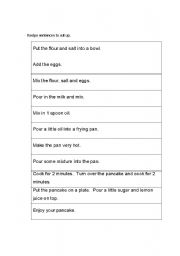 English Worksheet: Pancake recipe sentences