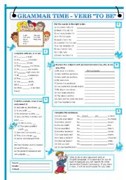 English Worksheet: GRAMMAR TIME - VERB TO BE (plus bw version and key)